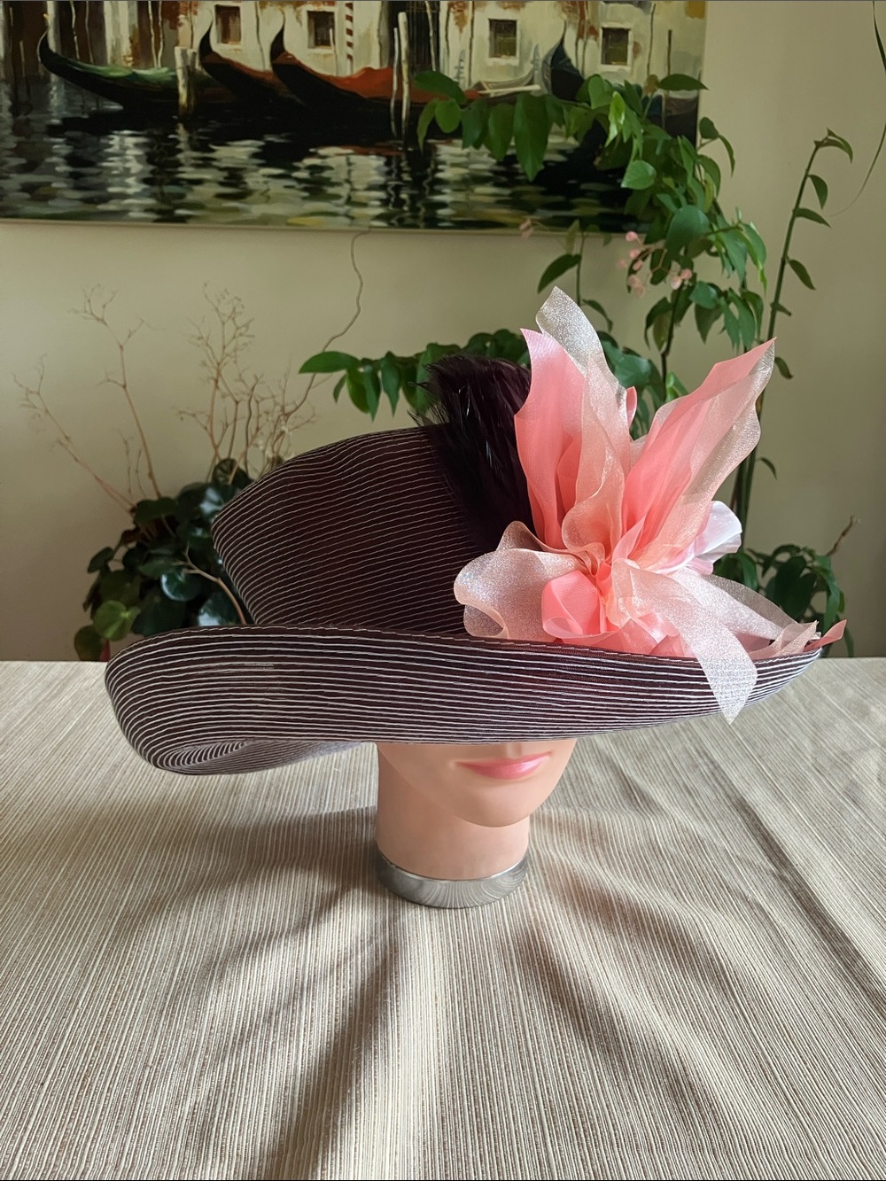 Chic Brown Women's Wide-Brim Hat with Pink Floral and Brown Feather Accent